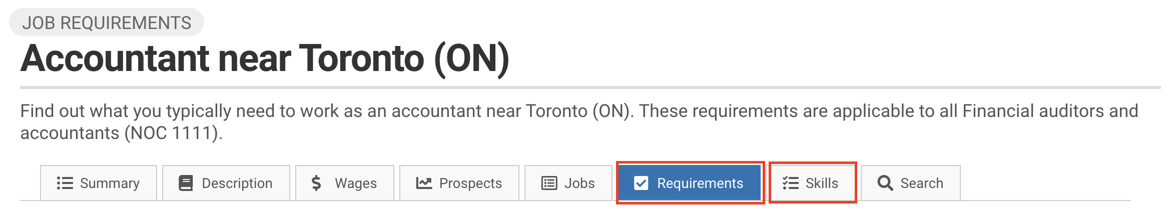 Image showing how to see a list of job skills and requirements for the role of an Accountant