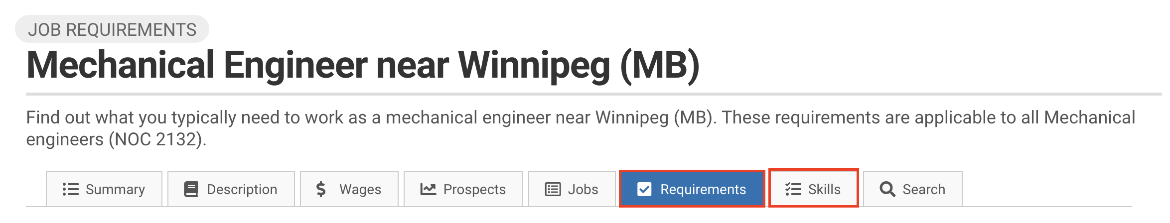 Image showing how to see a list of job skills and requirements for the role of a Mechanical Engineer