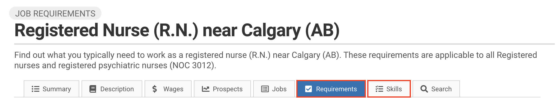 Image showing how to see a list of job skills and requirements for the role of a Registered Nurse