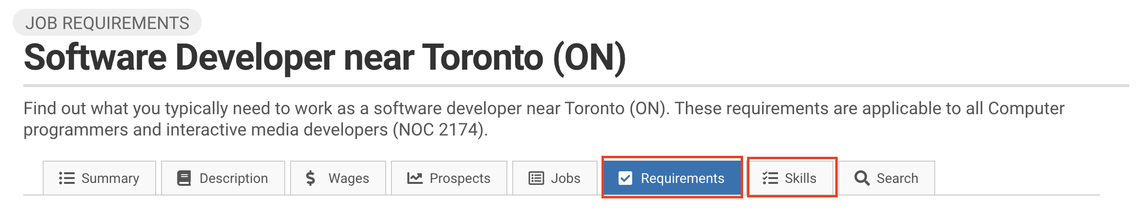 Image showing how to see a list of job skills and requirements for Software Developer roles