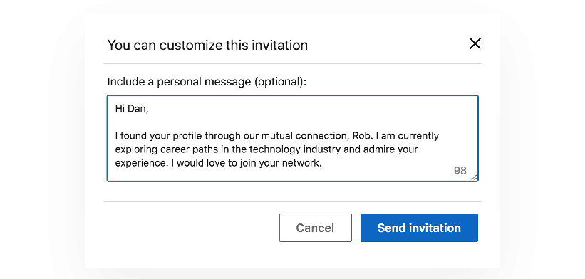 Sample custom invitation for adding a new connection on LinkedIn