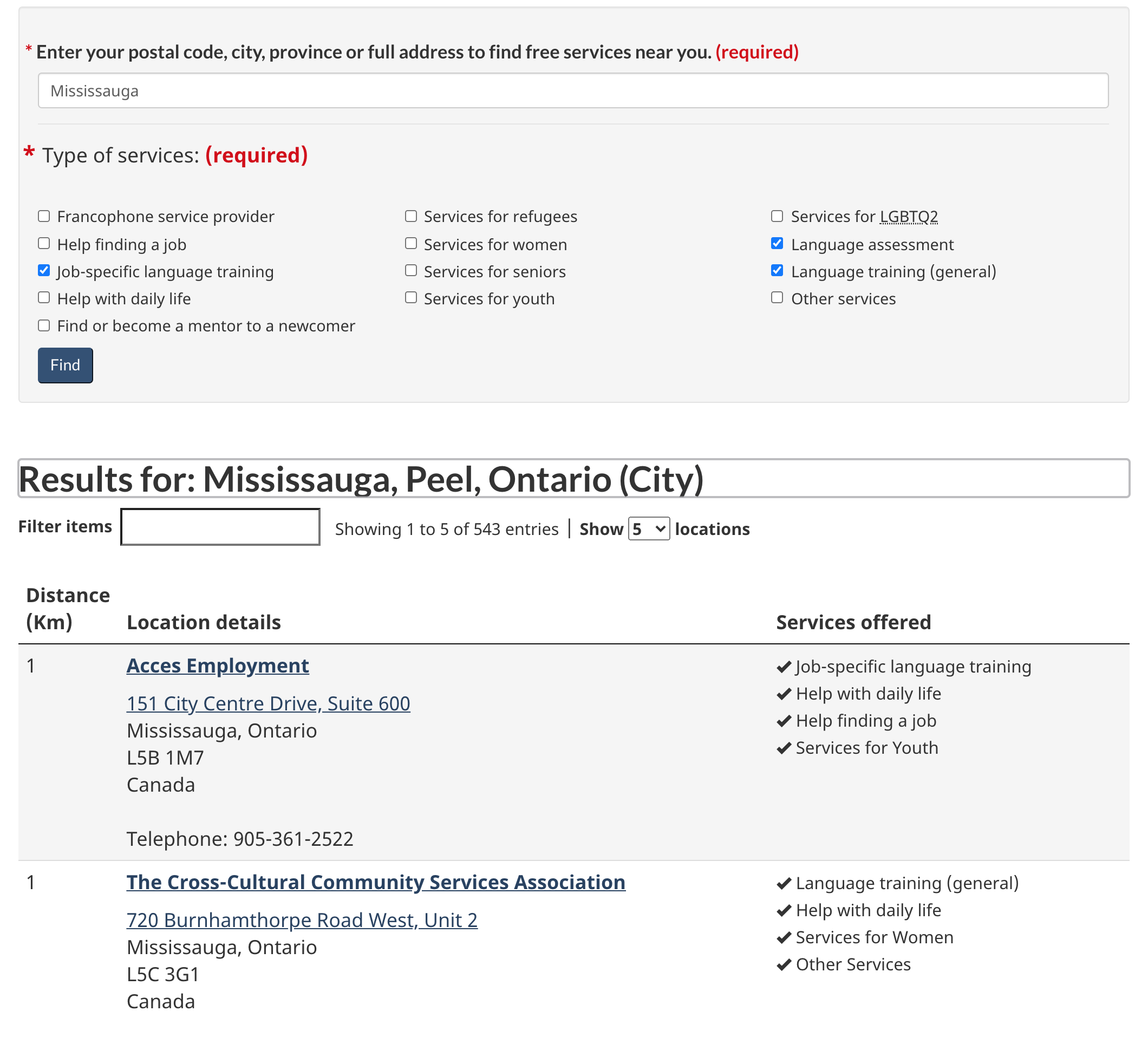 The Government of Canada "Find Newcomer Services" page showing various fields including types of services, service providers and location details.